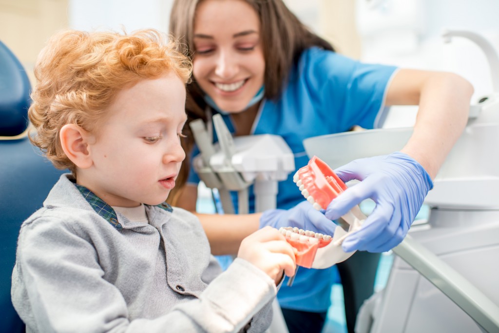 Female dentist showing the young boy artificial jaw at the dental office